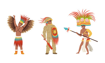 Sticker - Native American Indians Men in Traditional Clothes Set, Ancient Warriors and Shaman Characters Cartoon Vector Illustration