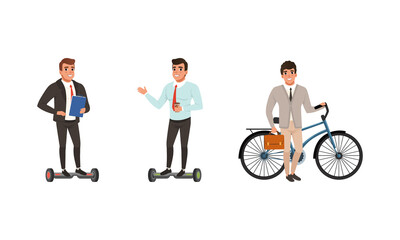 Poster - Businessmen Using Personal Eco Friendly Transport Set, People Riding Modern City Electric Scooter Cartoon Vector Illustration