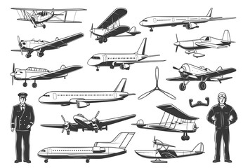 Wall Mural - Modern and vintage airplanes, civil and military pilot characters. Passenger airliner, business jet and training aircraft, army retro propeller monoplane and biplane fighter, plane control yoke vector