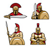 Spartan warrior character mascots cartoon vector. Greec hoplites standing with bronze shield, wearing red cape and faced helmet with corinthian and tranverse crests, armed xiphos sword and spear