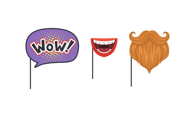 Poster - Set of Masquerade Party Costume Accessories, Wow phrase, Hipster Mustaches and Beard, Smiling Mouth on Sticks Cartoon Vector Illustration