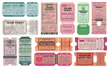 Railway And Train Retro Tickets, Admits Vector Templates Set. Intercity Train Trip Admission, Railway Station Paper Tickets With Old Locomotives Wagons, Vintage Typography And Controller Perforation