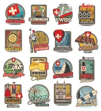 Switzerland Travel, Swiss Icons Of Chocolate, Alps And Cheese, Culture And Architecture, Vector. Swiss Costumes, Cow And Dairy Food, Switzerland Flag, Ski Mountain, Watches And Alpine Snowboarding