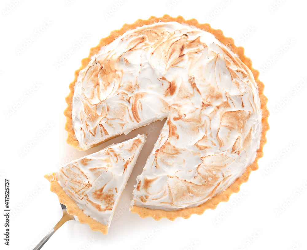 Tasty coconut pie on white background