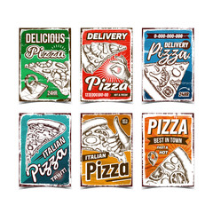 Canvas Print - Pizza Restaurant Advertising Posters Set Vector. Pizza Cafe Gps Location And Delivery Service On Promotional Banners. Dish With Delicious Ingredient Template Hand Drawn Illustrations