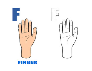 Alphabet F with drawing of fingers for coloring book,