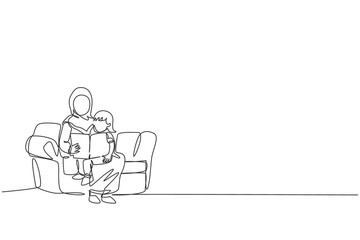 Poster - Single continuous line drawing young Arabian mother sitting on sofa read a book to her daughter. Islamic muslim happy family parenthood concept. Trendy one line graphic draw design vector illustration