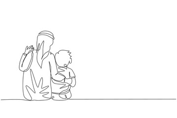 Poster - Continuous one line drawing of young Arabian dad and his son talking and sitting together. Happy Islamic muslim parenting family concept. Dynamic single line graphic draw design vector illustration