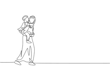 Poster - Single continuous line drawing of young Arabian father talk to son while carry on with piggyback style. Islamic muslim happy family fatherhood concept. Trendy one line draw design vector illustration