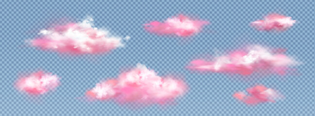 Wall Mural - realistic pink clouds, sunset or sunrise fluffy spindrift or cumulus eddies flying isolated on trans
