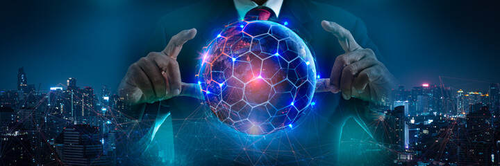 Poster - businessman hand holding blue earth and global networking connection,blockchain,virtual technology,b
