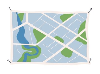 Poster - Generic city map with signs of streets, roads and parks. Abstract navigation plan of small urban area. Simple scheme on paper with pins. Colored flat vector illustration isolated on white background
