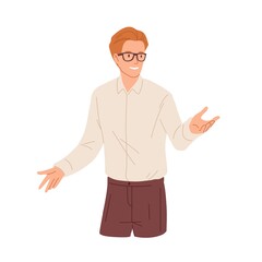 Aufkleber - Happy young man presenting and explaining smth. Confident smiling businessman in eyeglasses gesturing with hands during presentation. Colored flat vector illustration isolated on white background