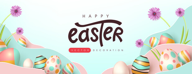 Wall Mural - easter banner background template with colorful eggs