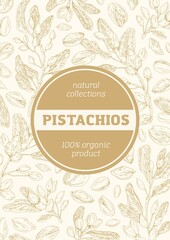 Monochrome background with pistachio pattern for packaging design. Vertical packing template with branches, leaves, shells and kernel of pistaches. Hand-drawn vector illustration