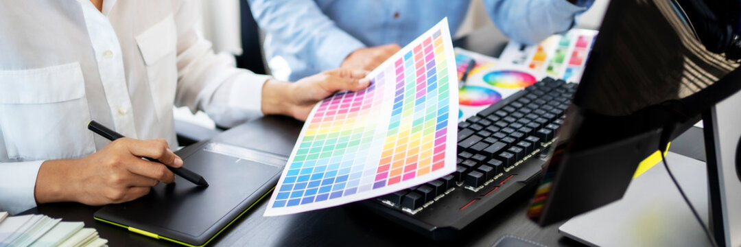Graphic designer work with Color swatch samples Graphic Skill Concept. drawing sketches on graphic tablet
