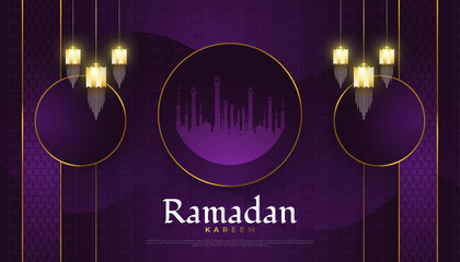 Wall Mural - Ramadan Kareem Background with Mosque and Gold Lanterns on Paper Cut Background for Greeting Card or Banner