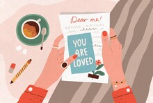 Female Hands Holding Postcard And Handwritten Letter. Concept Of Self-love And Care. Sending Post Card And Writing Message To Yourself In Future With Inspirational Text. Flat Vector Illustration