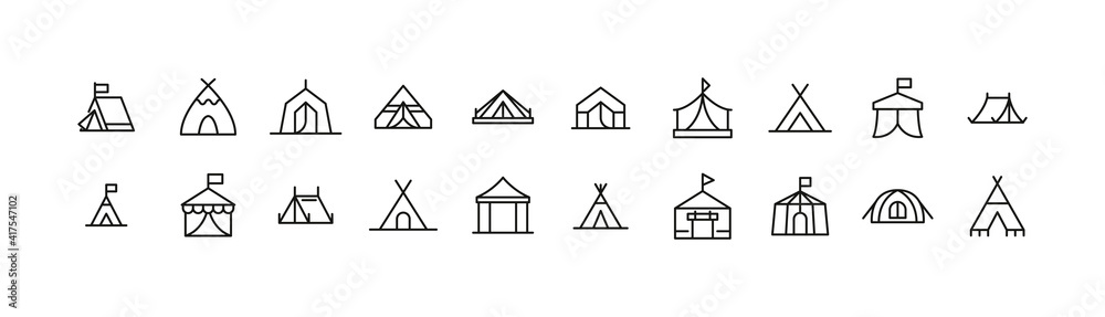 Set of tent line icons - obrazy, fototapety, plakaty 