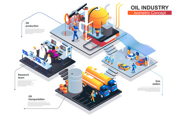 Aufkleber - Oil industry isometric concept. Scenes of people characters working at research team, oil production process and transportation, fuel storage, gas station. Vector flat illustration in 3d design
