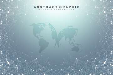 Poster - Abstract perspective background with connected line and dots. Network and connection background for your presentation. Big data visualization. Graphic polygonal background. Vector illustration.