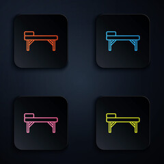 Sticker - Color neon line Massage table icon isolated on black background. Set icons in square buttons. Vector.