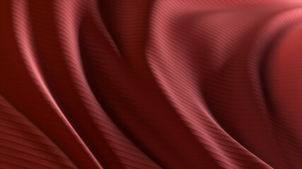 3d illustration of a red developing fabric with stripes. Elegant and luxurious fashionable dynamic style.