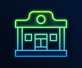 Poster - Glowing neon line Wild west saloon icon isolated on blue background. Old west building. Vector.