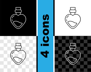 Set line Bottle with love potion icon isolated on black and white, transparent background. Valentines day symbol. Vector.