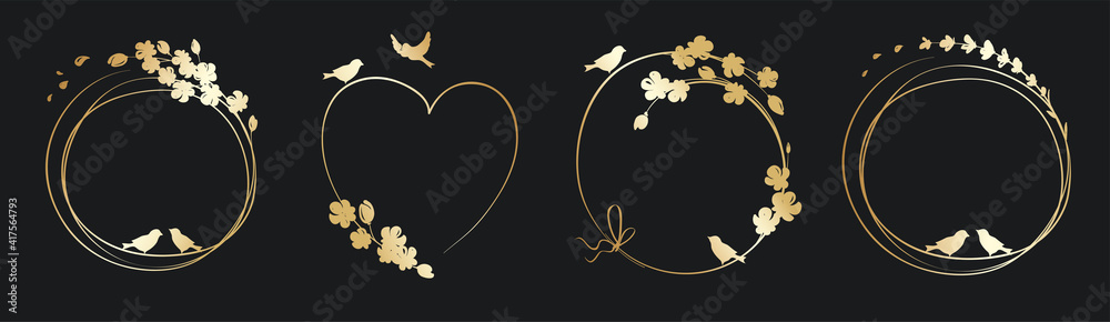 Frames for Wedding invitation. Set vector design elements, golden floral frames. - obrazy, fototapety, plakaty 