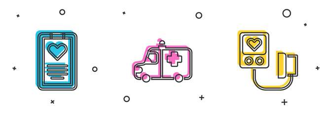 Sticker - Set Medical clipboard, Ambulance and emergency car and Blood pressure icon. Vector.