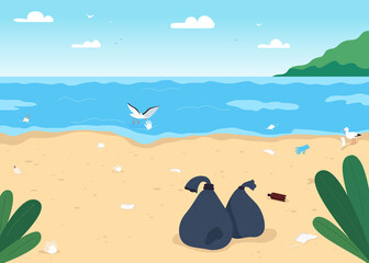 Poster - Empty dirty beach flat color vector illustration. Covid pandemia isolation results. No vacation during summer. Social distance 2D cartoon landscape with tropical islands on background