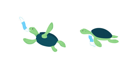 Poster - Water turtles flat color vector characters set. Ocean pollution after corona virus pandemia. Clearing environment from rubbish isolated cartoon illustration for web graphic design and animation pack