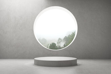 3d render of empty concrete room with large circle window and round podium for product presentation 