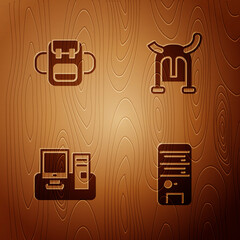 Poster - Set Computer, School backpack, Monitor with keyboard and Viking in horned helmet on wooden background. Vector.