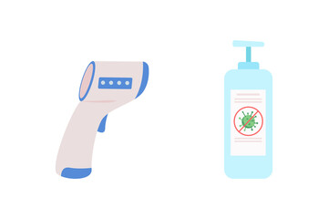 Poster - Covid selfcare items flat color vector objects set. Sanitazers to clean hands from germs. Measuring temperature. Covid isolated cartoon illustration for web graphic design and animation