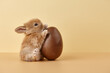 Easter bunny rabbit with chocolate egg on beige background