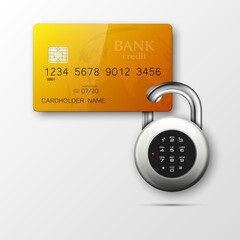 Credit card safe combination lock. Protection credit card. Safety badge banking. Defense finans. Security Plastic card software. Debit card electromagnetic chip Privacy Electronic money funds transfer