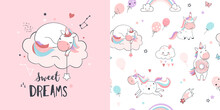 Unicorn Dreams Seamless Pattern, Magic Background With Clouds, Rainbow, And Stars. Cute Vector Texture For Kids Bedding, Fabric, Wallpaper, Wrapping Paper, Textile, T-shirt Print