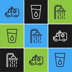 Sticker - Set line Ambulance and emergency car, Shower head and Glass with water icon. Vector.