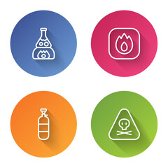 Set line Test tube flask on fire, Fire flame, Propane gas tank and Triangle warning toxic. Color circle button. Vector.