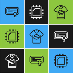 Aufkleber - Set line Certificate template, T-shirt and Processor with CPU icon. Vector.