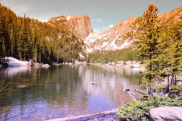 Poster - Rockies - Dream Lake. American mountain landscape in Colorado. Beautiful America. Filtered colors style.