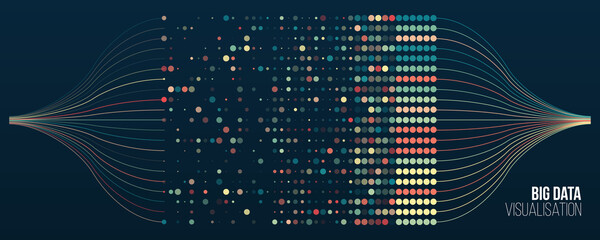 Poster - Big data visualization. Information analytics concept. Abstract stream information with ball array and binary code. Filtering machine algorithms. Sorting data. Vector technology background.