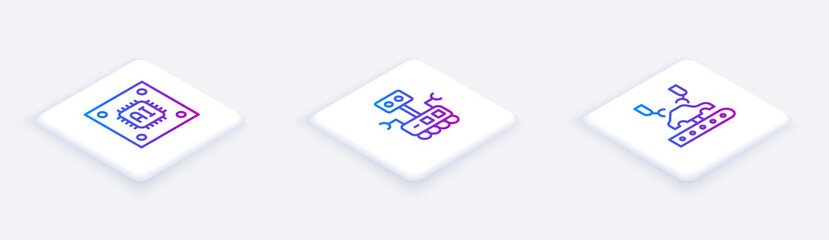 Sticker - Set Isometric line Processor with microcircuits CPU, Robot and Robotic robot arm on factory. White square button. Vector.