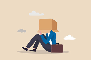 Wall Mural - Business failure, work mistake or misfortune and unlucky, bankruptcy or fail entrepreneur concept, depressed businessman sitting covered his head with box, shameful cannot face people or society.