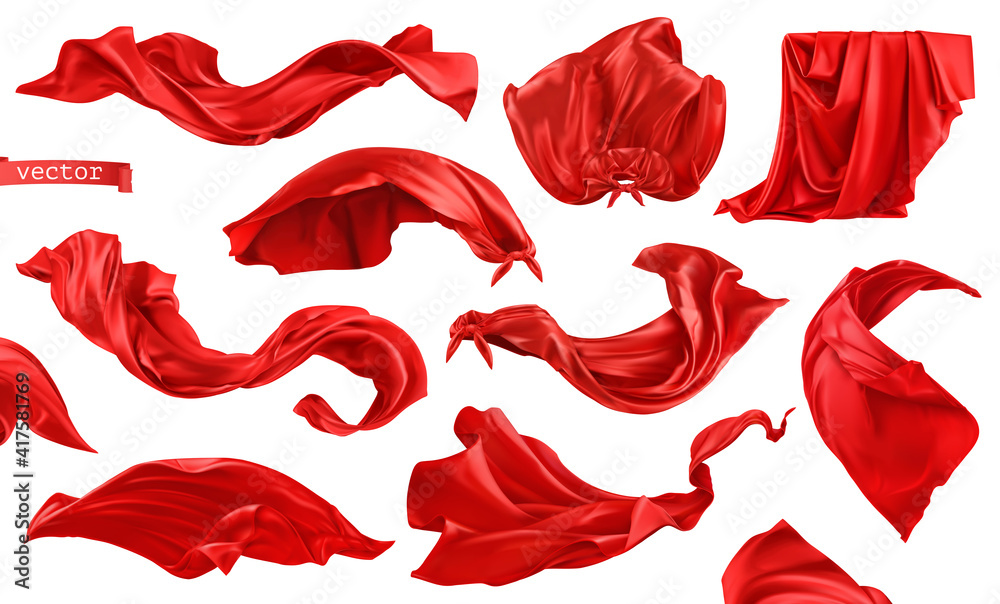 Red curtain, superhero cape 3d realistic vector set - obrazy, fototapety, plakaty 