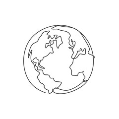 Poster - single continuous line drawing of global sphere of world globe for educational knowledge. planet log