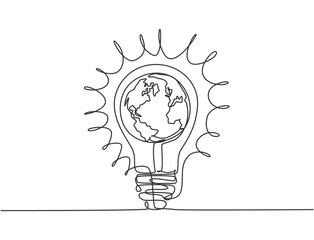Poster - One continuous line drawing of sphere world globe inside bright shining lightbulb icon logo emblem. Creative symbol logotype template concept. Modern single line draw design graphic illustration