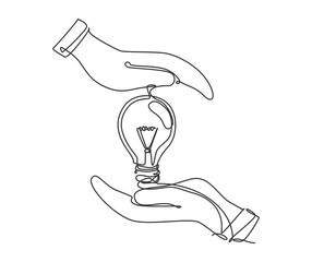 Poster - One continuous line drawing of hands protect light bulb icon logo emblem. Safe protection company symbol logotype template concept. Modern single line draw design graphic illustration